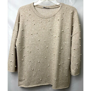 Zara Sweater Jumper Womens Small Beige Pearl Beads 3/4 Sleeve Crew Neck